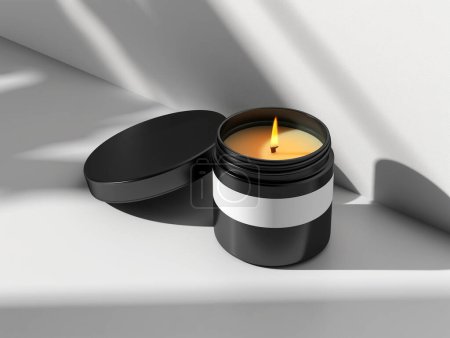 Foto de Frasco de vela orgánica de aroma mate negro maqueta ceremonial con etiqueta en blanco para la marca, embalaje de diseño mínimo - Imagen libre de derechos