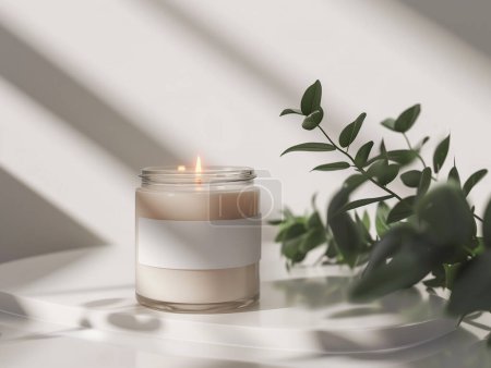 Foto de Frasco de vela de aroma blanco orgánico maqueta ceremonial con etiqueta en blanco para la marca, embalaje de diseño mínimo - Imagen libre de derechos