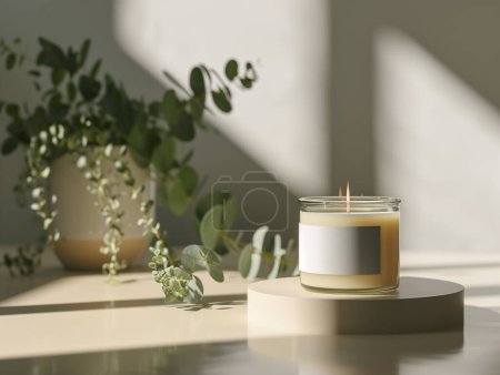 Foto de Vela de aroma blanco orgánico frasco de vidrio maqueta con etiqueta en blanco para la marca, embalaje de diseño mínimo - Imagen libre de derechos