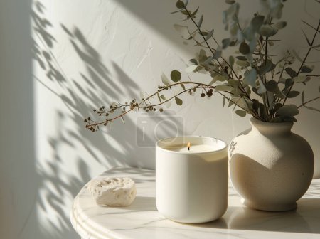 Foto de Vela de aroma blanco orgánico tarro de cerámica maqueta con etiqueta en blanco para la marca, embalaje de diseño mínimo - Imagen libre de derechos