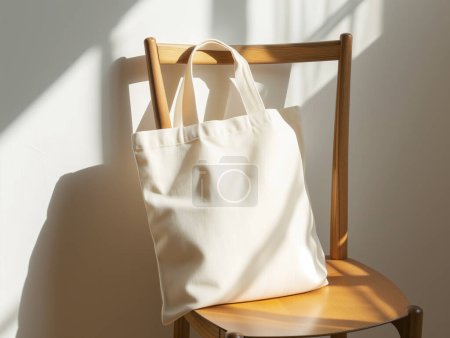 Foto de Bolsa de asas de lona blanca vacía en blanco en blanco maqueta en silla con luz solar, para diseño de pantalla, concepto ecológico - Imagen libre de derechos