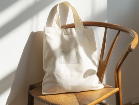 Foto de Bolsa de asas de lona blanca vacía en blanco en blanco maqueta en silla con luz solar, para diseño de pantalla, concepto ecológico - Imagen libre de derechos