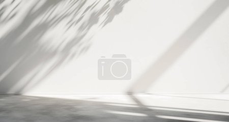 Foto de Estudio de pared y suelo blanco vacío en blanco con fondo de maqueta de superposición de sombra de hojas naturales para diseño, exhibición de montaje de producto - Imagen libre de derechos