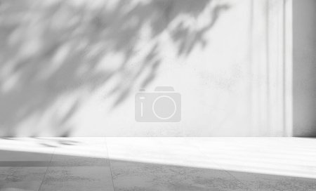Foto de Estudio de pared y suelo blanco vacío en blanco con fondo de maqueta de superposición de sombra de hojas naturales para diseño, exhibición de montaje de producto - Imagen libre de derechos