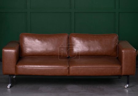 Téléchargez les photos : Brown sofa with dark leather on a green background - en image libre de droit