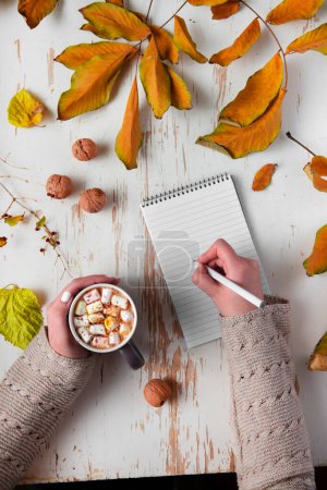 Téléchargez les photos : Vue du dessus des mains féminines tenant une tasse de cacao avec guimauve sur une table minable aux feuilles jaunes éparses, noix et bloc-notes avec stylo, composition automnale - en image libre de droit