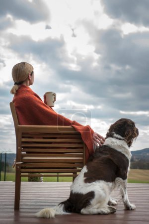 Foto de El perro setter sentado junto a su dueño en el exterior - Imagen libre de derechos