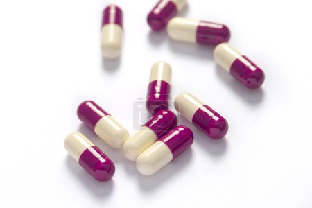 Photo for Drug prescription for treatment medication. Pharmaceutical medicament,  Pharmacy theme, Heap of red white medicament - Royalty Free Image