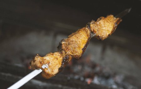 Foto de Barbacoa caucásica con carne en un pincho. shish de cerdo kebab - Imagen libre de derechos