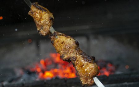 Foto de Barbacoa caucásica con carne en un pincho. shish de cerdo kebab - Imagen libre de derechos