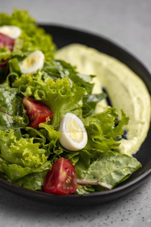 Téléchargez les photos : Fresh green salad with quail eggs, cherry tomatoes and guacamole in black plate on grey background - en image libre de droit
