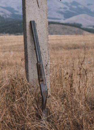Photo for Double-barreled shotgun with cartridges, leaning against a pole. Hunting concept - Royalty Free Image
