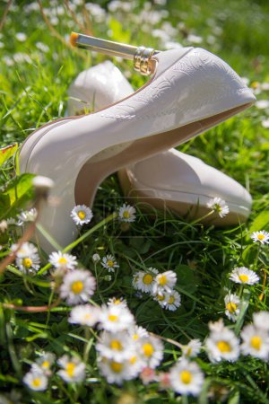 Téléchargez les photos : Womens wedding shoes with gold hoops lying on a green meadow - en image libre de droit
