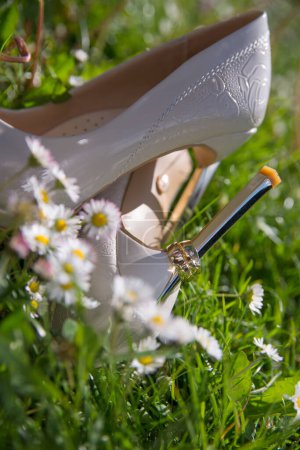 Téléchargez les photos : Womens wedding shoes with gold hoops lying on a green meadow - en image libre de droit
