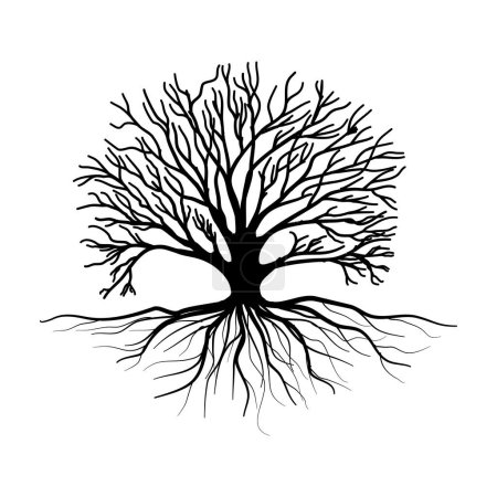 Téléchargez les illustrations : Les arbres noirs et les racines aux feuilles sont beaux et rafraîchissants. Arbre et racines style LOGO - en licence libre de droit