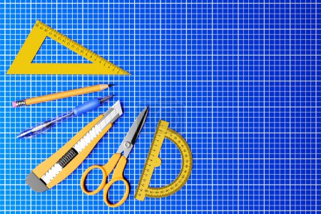 Foto de 3D illustration yellow  cutter, scissors,  pencil, pen and ruller on blue background. 3D render and illustration of repair and installation tool - Imagen libre de derechos