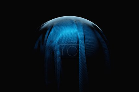 Foto de 3d illustration of a ball  under a blue piece of fabric on a black  background. Geometry pattern. - Imagen libre de derechos