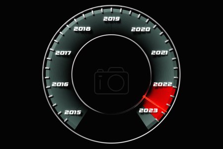 Téléchargez les photos : 3D illustration close up black speedometer with cutoffs 2022,2023. The concept of the new year and Christmas in the automotive field. Counting months, time until the new yea - en image libre de droit
