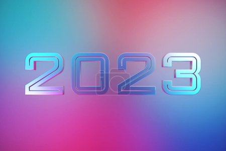 Foto de Calendar header number 2023 on pink and blue background. Happy new year 2023 colorful background. - Imagen libre de derechos