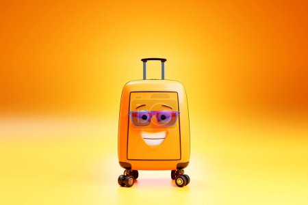 Foto de Yellow  suitcase or luggage in colorful glasses on a  yellow background. 3D rendering of the concept of summer holidays and holidays - Imagen libre de derechos