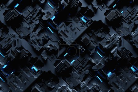 Téléchargez les photos : 3D illustration of the Close up of the black cyber armor with neon lights. Abstract Graphics in the style of computer games. - en image libre de droit