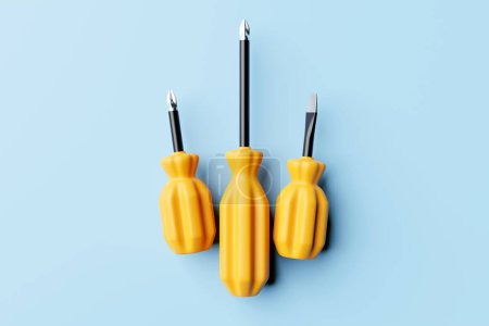 Photo for 3D illustration of a  yellow crosshead screwdrivers hand tool isolated on a monocrome background. 3D render and illustration of repair and installation tool - Royalty Free Image