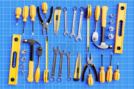 Foto de 3D illustration  hand tools: screwdriver, hammer, pliers, screws, etc. for handmade. Various working tools. Construction, construction, renovation concept. - Imagen libre de derechos