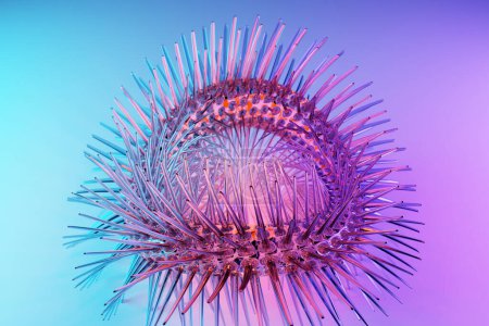 Foto de 3D rendering abstract   metal  round fractal, portal with spikes under neon  lights.  round spiral on dark  isolated background - Imagen libre de derechos