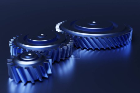 Téléchargez les photos : 3D illustration metal silver  gears  on blue  isolated background. Bearing industrial. This part of the car - en image libre de droit