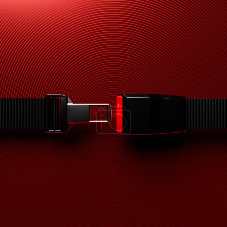 Téléchargez les photos : 3d illustration, close-up of a seat belt fastening on a red monochrome background - en image libre de droit