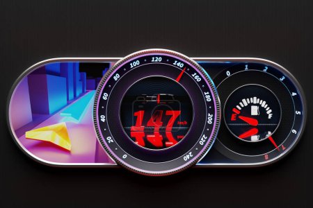 Téléchargez les photos : 3D illustration of new car interior details. The speedometer shows the maximum speed of 147 km h, the tachometer with red backlight, the gasoline is low, the navigator shows the way - en image libre de droit