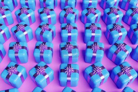 Foto de 3d illustration gifts in a beautiful blue packaging box, a satin ribbon bow lined up in beautiful even rows on a blue background. Pattern from gift sets. - Imagen libre de derechos