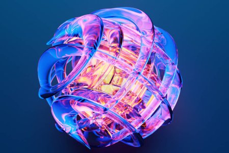 Foto de Abstract dynamic pink and blue neon  shape with blue smooth objects, sides. 3D illustration and rendering. Elegant line background. - Imagen libre de derechos
