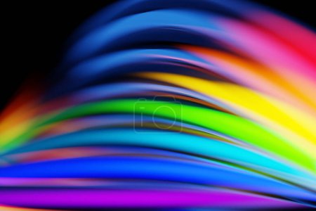 Foto de 3d illustration of a stereo strip of different colors. Geometric stripes similar to waves. Abstract rainbow   glowing crossing lines pattern - Imagen libre de derechos