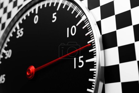 Photo for 3d illustration  of  black round clock, stopwatch on a black and white checkered  background. Stopwatch icon, logo. Chronometer, vintage timer - Royalty Free Image