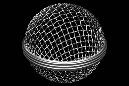 Foto de 3d illustration close-up of a metal microphone on a black background - Imagen libre de derechos