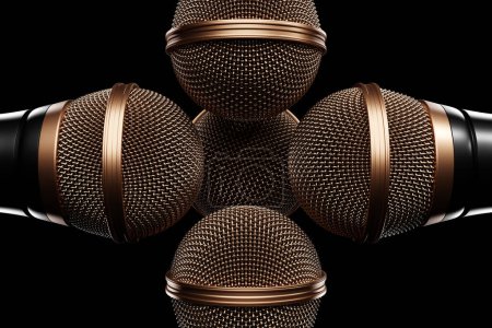 Photo for Microphones, round shape model on black background, realistic 3D mockup. music award, karaoke, radio and recording studio sound equipment - Royalty Free Image