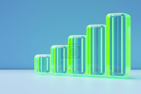 Photo for 3D illustration green polygons stand in a row from small to large on a blue isolated background - Royalty Free Image