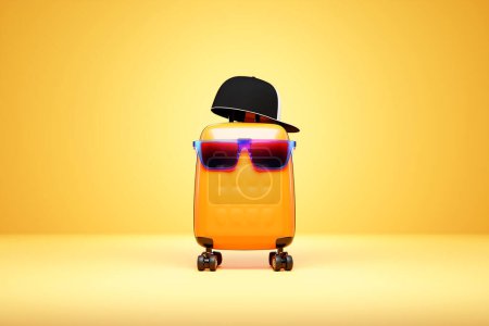 Foto de Yellow  suitcase or luggage in colorful glasses and cap on a  yellow background. 3D rendering of the concept of summer holidays and holidays - Imagen libre de derechos