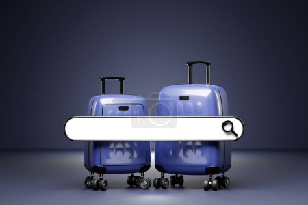 Téléchargez les photos : Close-up of luxurious,elegant   blue   suitcases  and search box on a gray background. Travel vacation vacation concept. 3d illustration - en image libre de droit