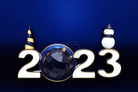 Téléchargez les photos : 3d illustration of cartoon happy new year 2023 greeting card: new year banner with decor and  gifts, - en image libre de droit