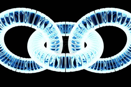 Foto de 3d illustration of close-up of blue glowing  chain links bent in a fancy shape on a  black background - Imagen libre de derechos