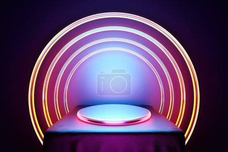 Téléchargez les photos : Illustration 3D d'un podium en cercle violet sur le fond d'une composition géométrique. Rendement 3D. Minimalisme géométrie fond - en image libre de droit