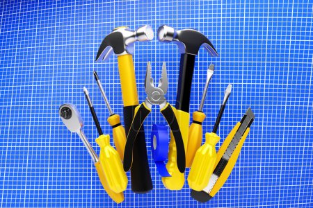 Photo for 3D illustration of a hand tool for repair and construction: level, screwdriver, hammer, pliers, tape measure. Set of tools - Royalty Free Image