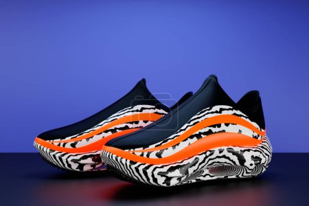 Téléchargez les photos : Black sneakers with an animal print on a high sole isolated on a blue background. 3D rendering - en image libre de droit