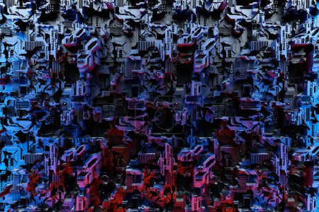 Foto de Ilustración 3D del primer plano de la armadura cibernética negra en luces de neón. Gráficos abstractos en el estilo de los juegos de ordenador. - Imagen libre de derechos