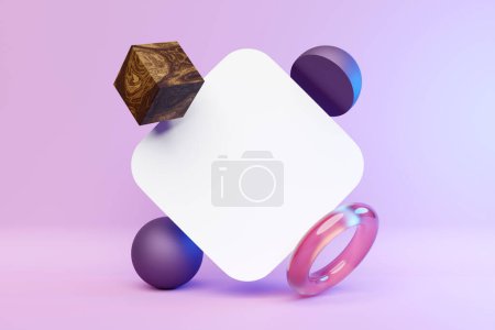 Foto de Close-up 3d  pink  illustration. Different geometric shape rhombus, cube, ball  in purple isolated background.  Simple geometric shapes - Imagen libre de derechos
