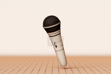 Téléchargez les photos : Beige microphone,   model  on monochrome background, 3d illustration. music award, karaoke, radio and recording studio sound equipment - en image libre de droit