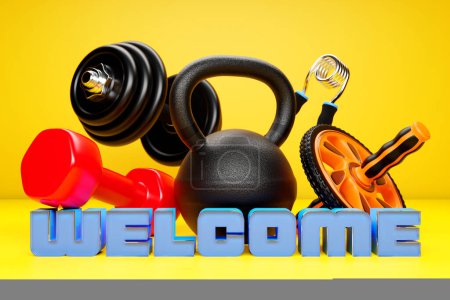 Photo for 3d illustration of sports equipment and  inscription welcome . Sports equipment: kettlebell, dumbbell, elastic band for sports, gymnastic roller for the press. Sports game store banner - Royalty Free Image