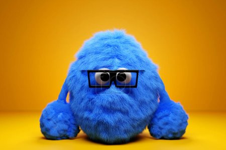 3D illustration of a funny furry  blue monster with eyes and glasses on a yellow isolated background. Funny emoticon monster for child's design